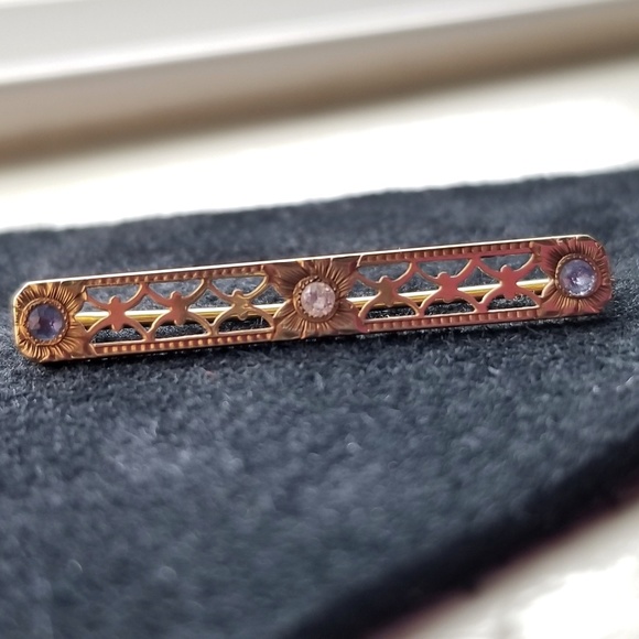 Jewelry - Art Deco14KGold Diamond&Sapphire Bar Brooch 1930's